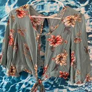 LA hearts floral printed tie front shirt